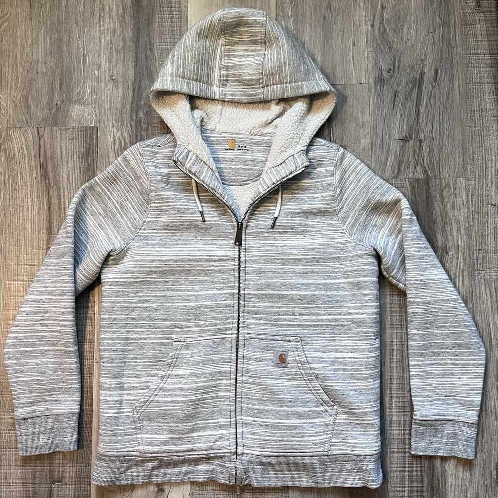 Carhartt Clarksburg Womens Medium 8-10 Sherpa Lined Zip Hoodie Jacket Gray/White